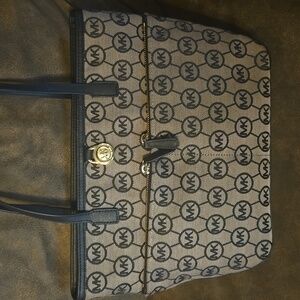 MK Monogram Michael Kors Handbag with Leather Straps & 2 Zippered Front Pockets